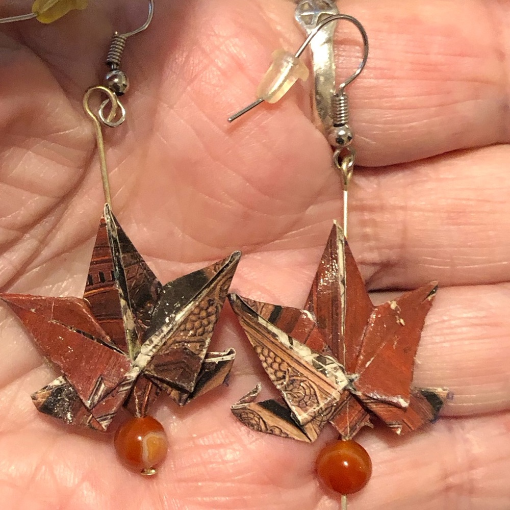Origami Handmade Paper Map,e Leaf Pierced Earrings. 2.5 in.